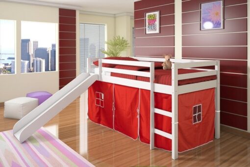 DONCO WHITE TWIN LOFT BED WITH RED TENT